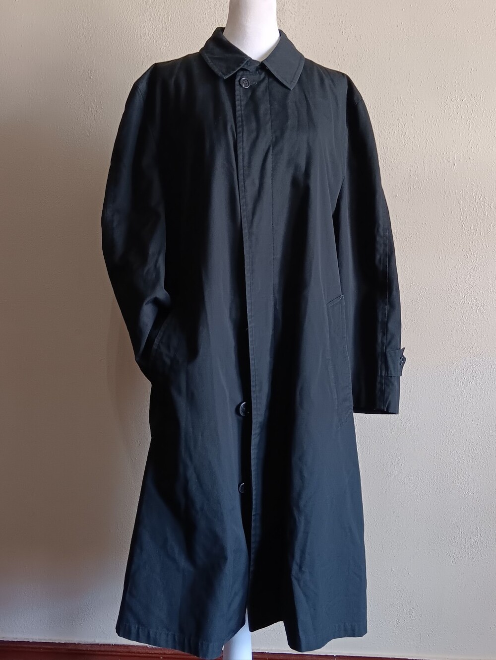 1970s VTG Black London Fog Raincoat Trenchcoat Duster Mens 40 Regular